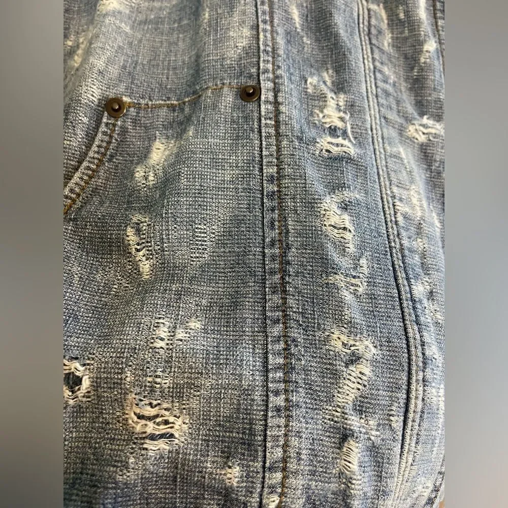 Free people bomber jacket Tattered Tennis Distressed jean jacket size Medium - Picture 6 of 7